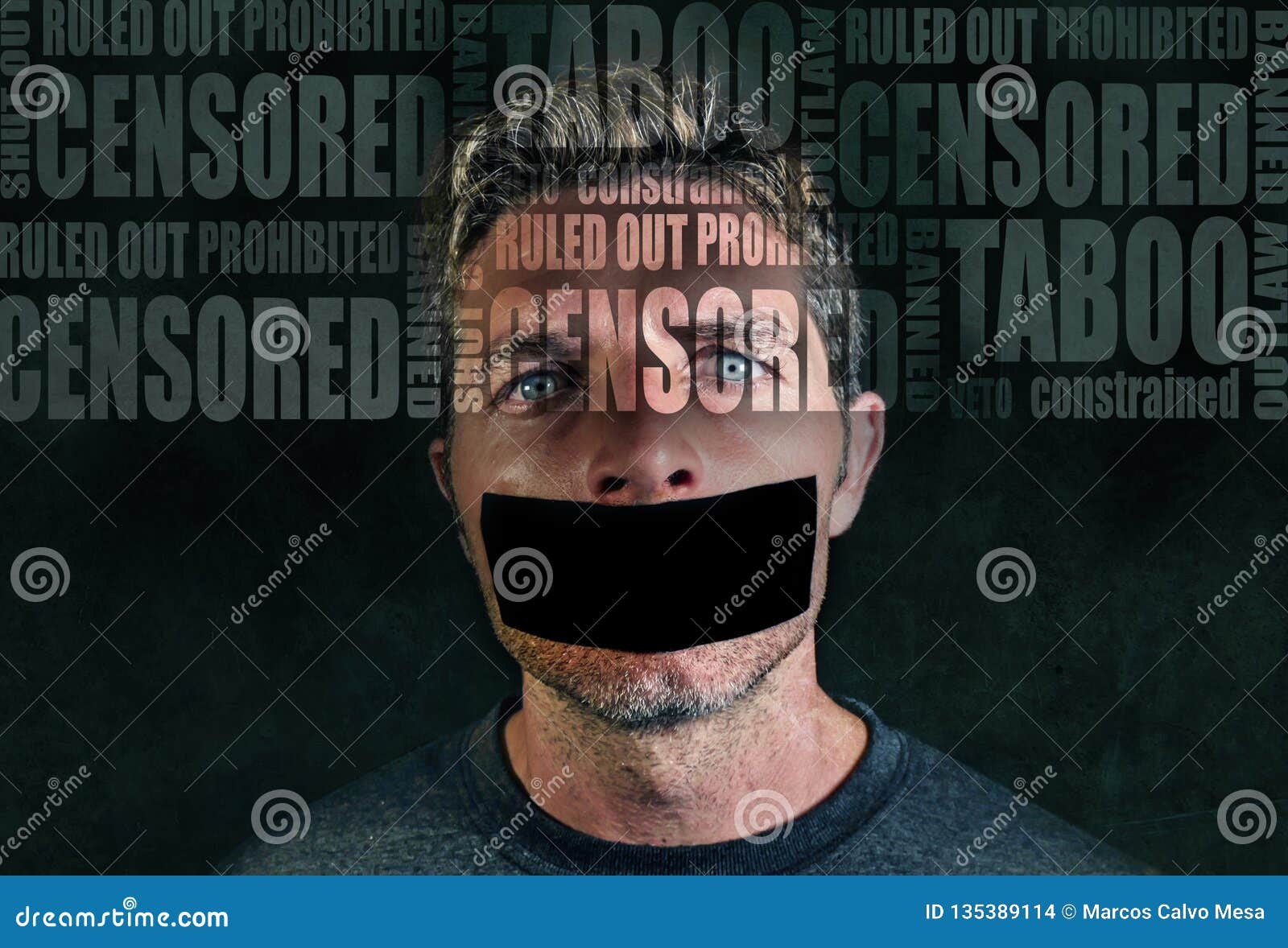 freedom advertising composite with words like censored and taboo composed into face of young sad man with mouth sticky duct tape