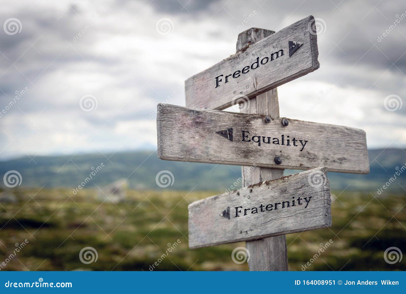 Freedom, Equality Fraternity Text on Wooden Sign Post Outdoors in Landscape Scenery. Stock Image - Image of government, information: 164008951