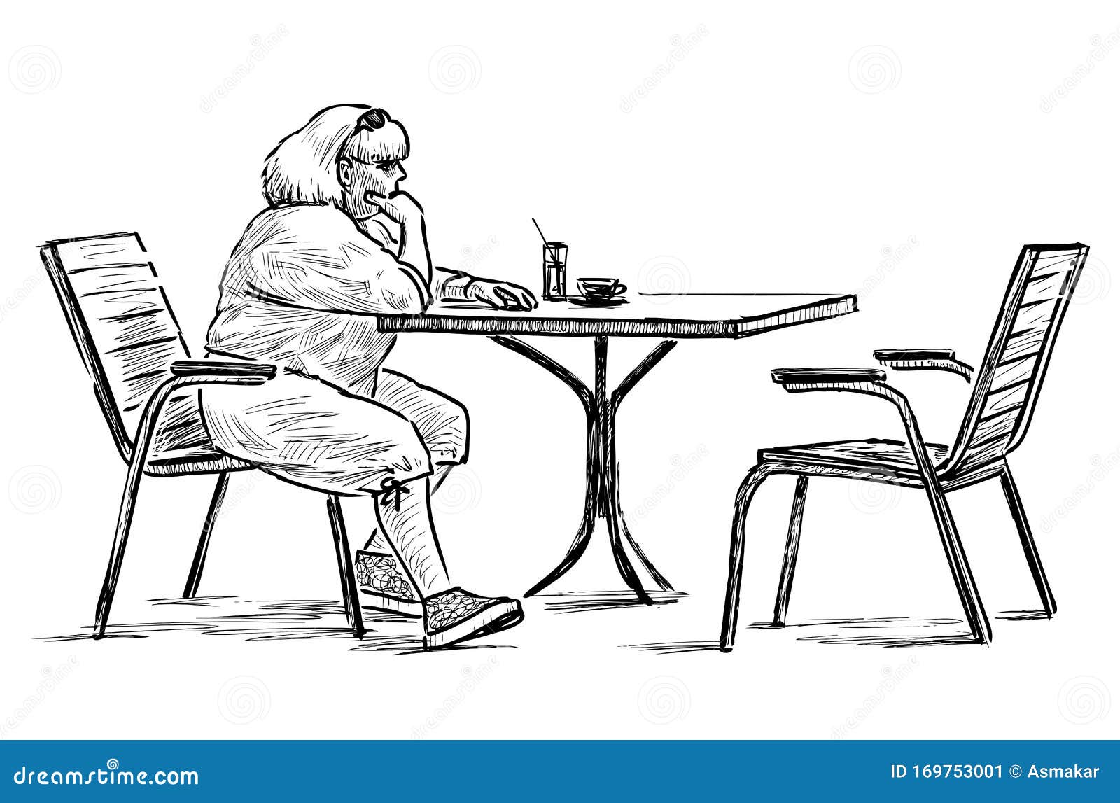 sketch of casual townswoman sitting in outdoor caffe in wait