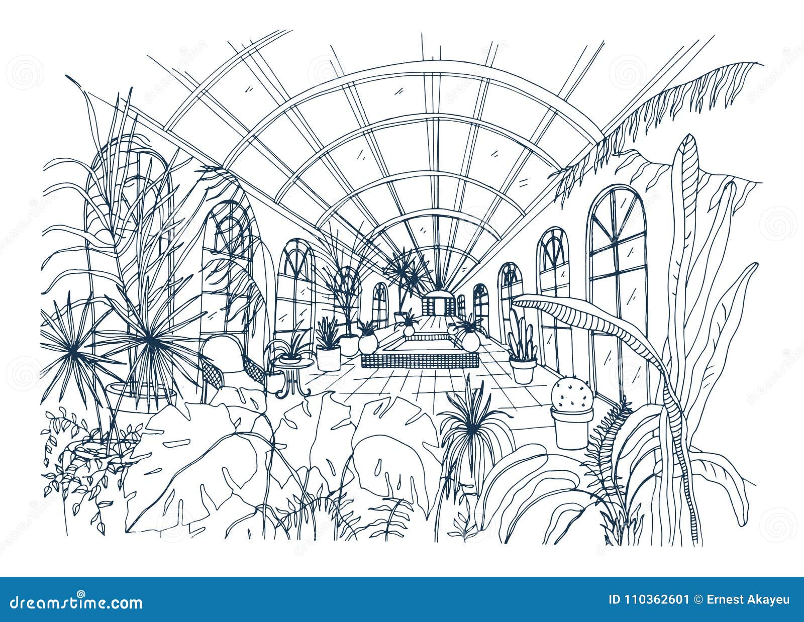 Freehand Drawing of Interior of Greenhouse Full of Tropical Plants ...