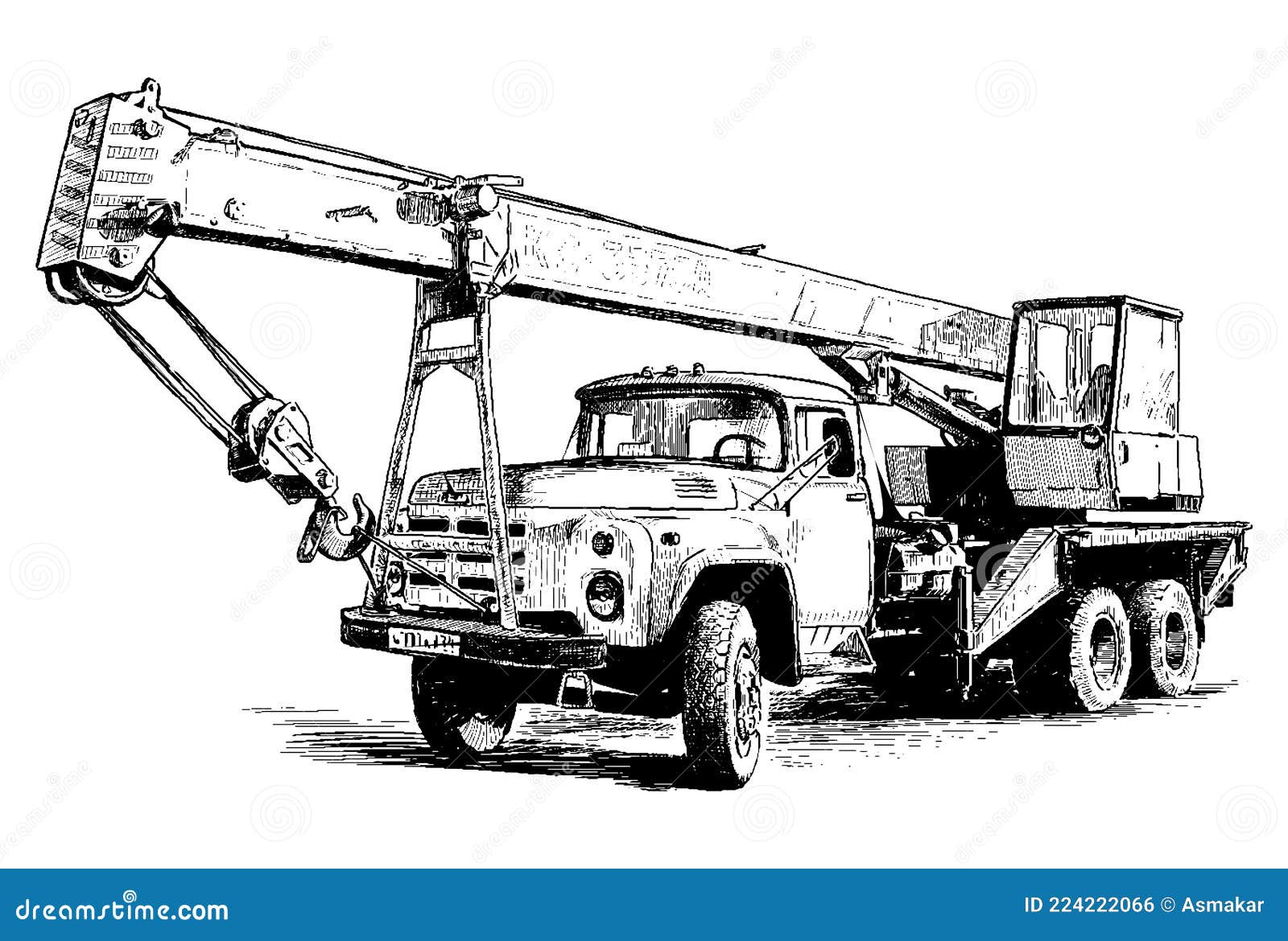 Freehand Drawing of Mobile Construction Crane on Heavy Lorry Stock