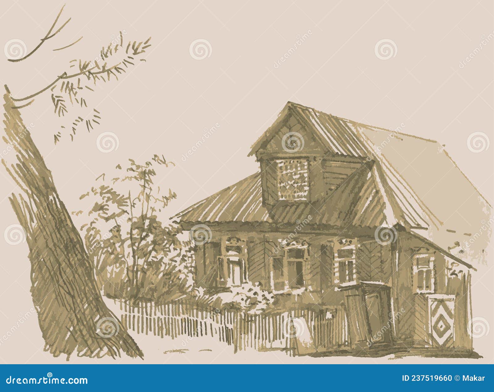 Village house engraving Royalty Free Vector Image