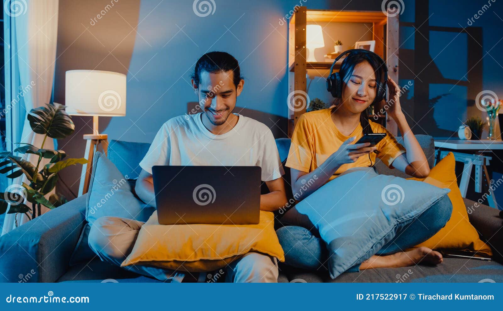 Freelance Asia Couple Man and Woman in Casual Hasband Work