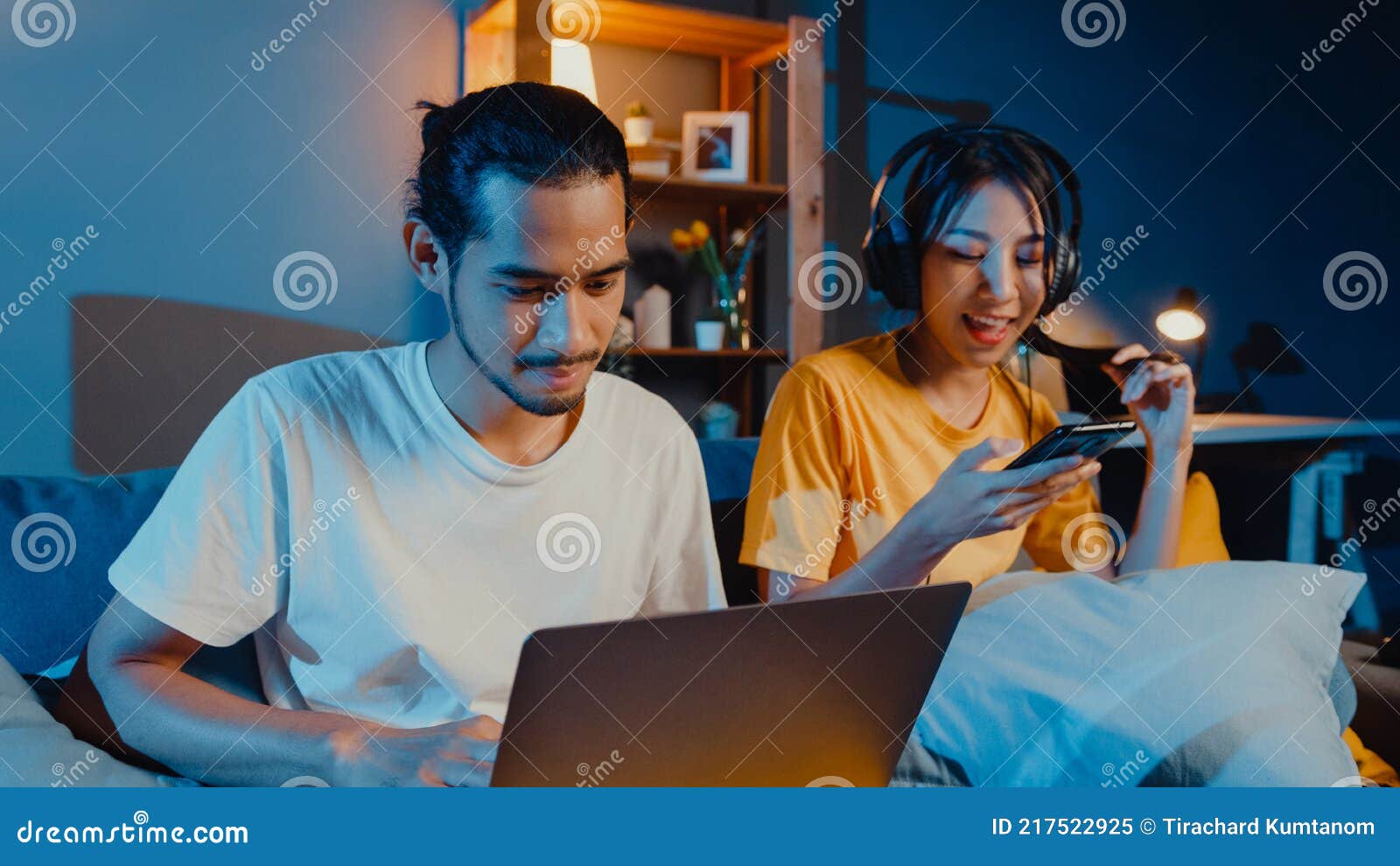Freelance Asia Couple Man and Woman in Casual Hasband Work Laptop ... picture