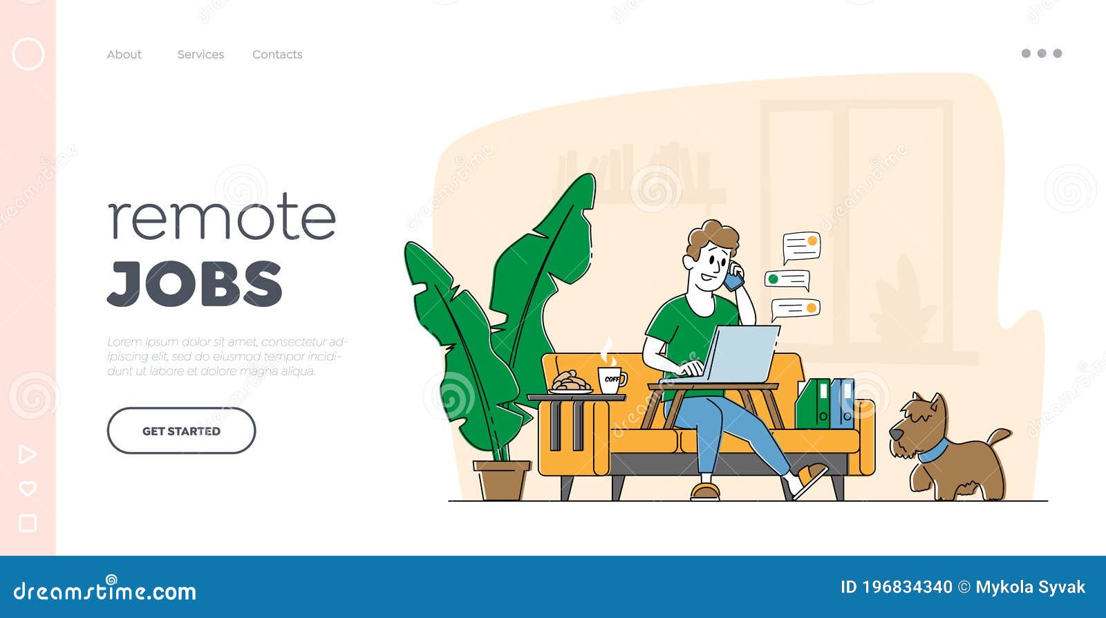 freelance , homeworking place landing page template. man freelancer character sitting on sofa working distant from home