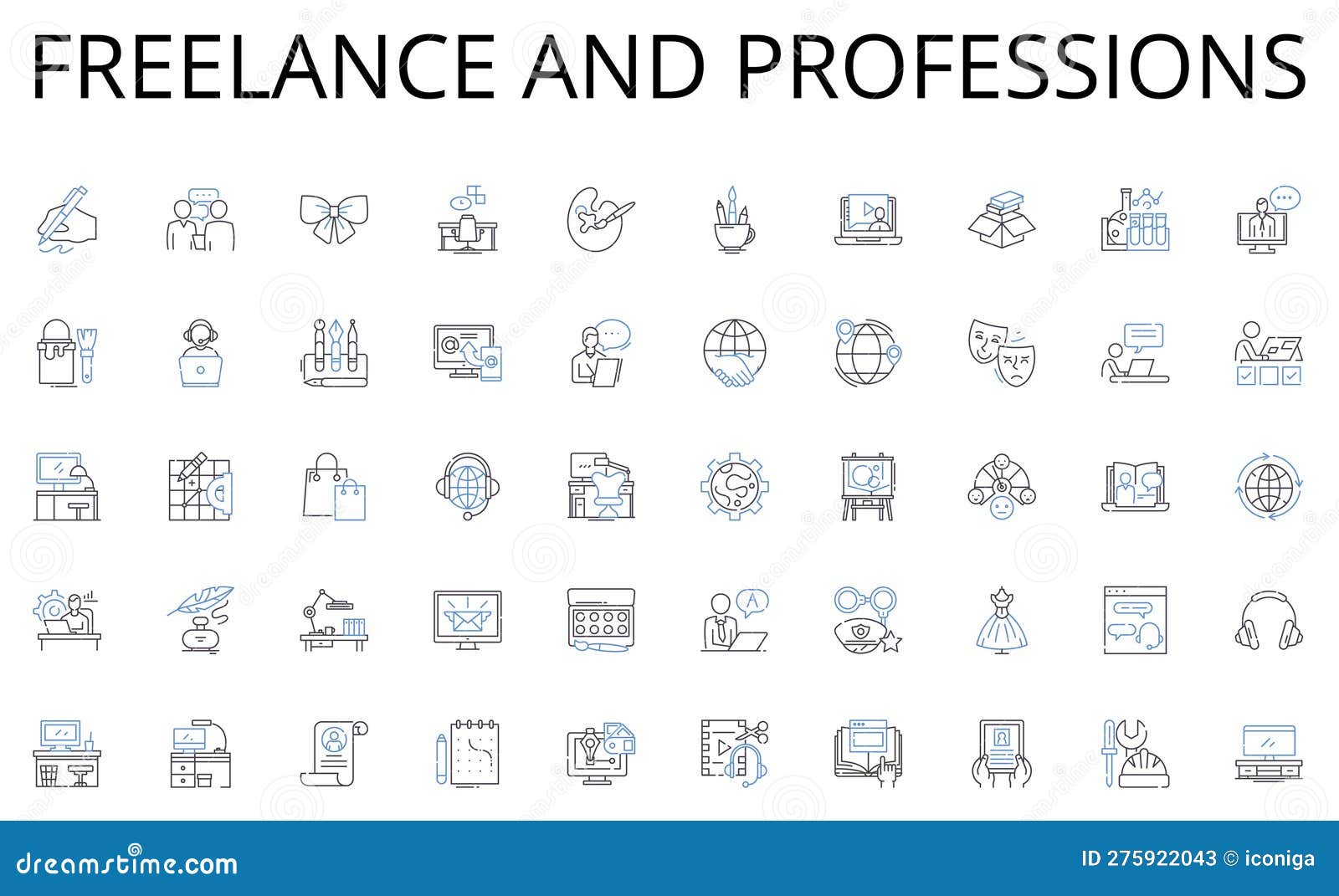 freelance and professions line icons collection. mastery, proficiency, expertness, adeptness, skillfulness, finesse