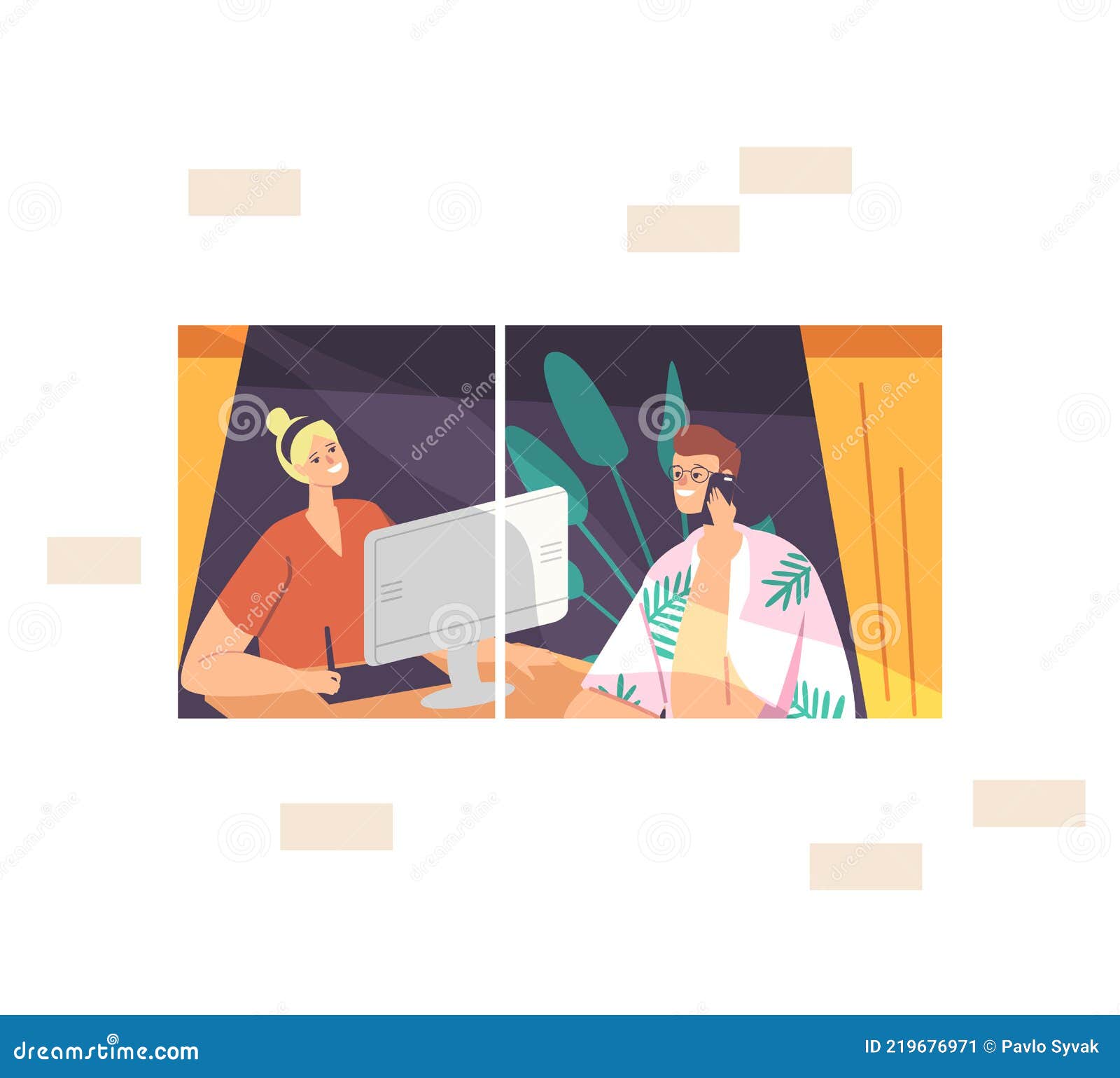 freelance selfemployed occupation, remote workplace concept. man and woman freelancers characters sitting at window