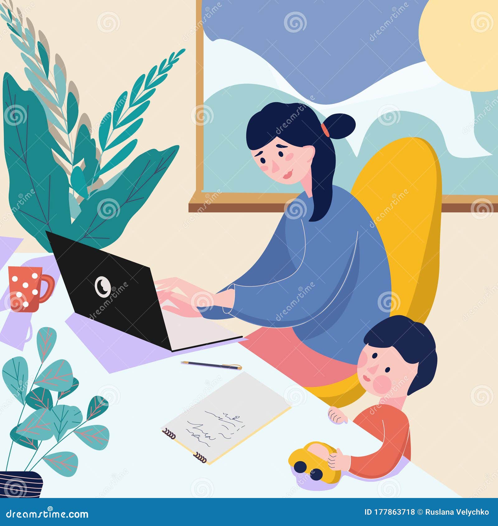 freelance and telework. cute happy mother working on laptop at home. female freelance worker with child at workplace