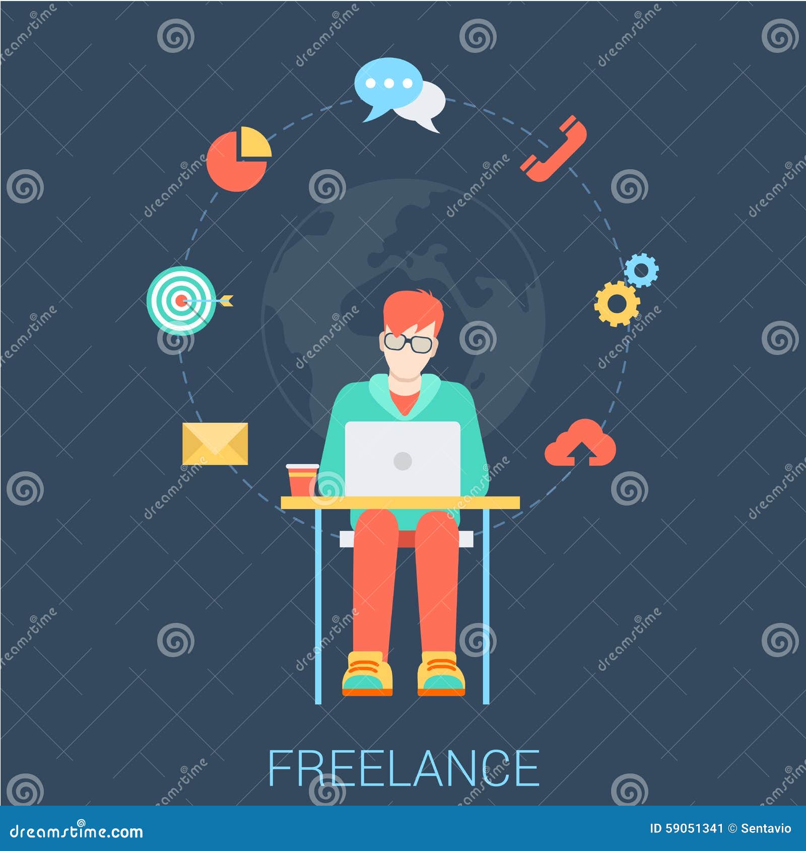 freelancer with laptop - freelance work flat  infographic