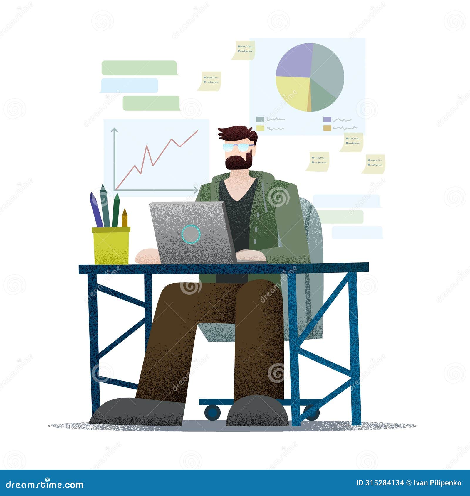 freelancer working at computer, profession , flat ,  particles