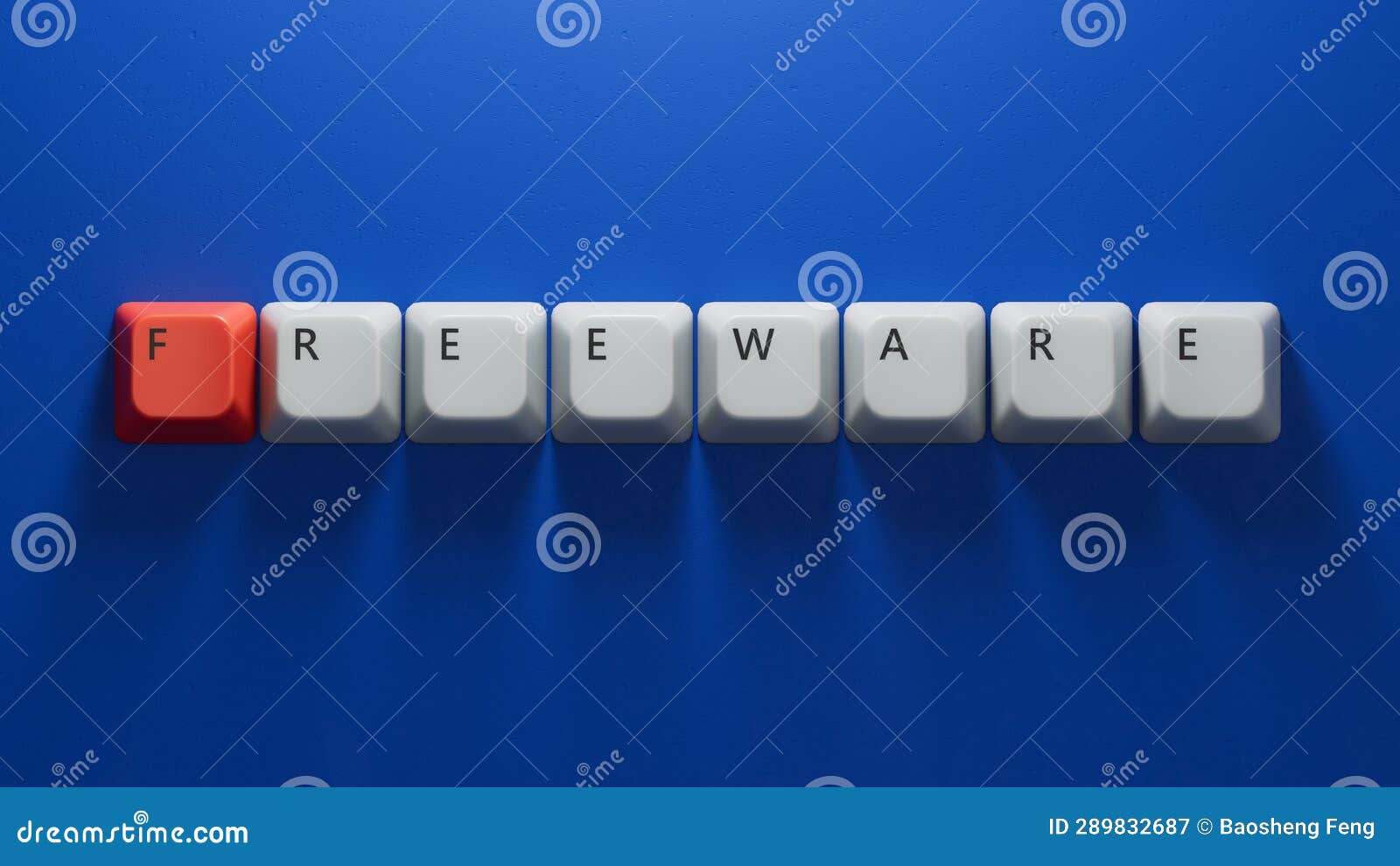 freeware.computer keyboard keys spelling.flat lay view from above on blue background