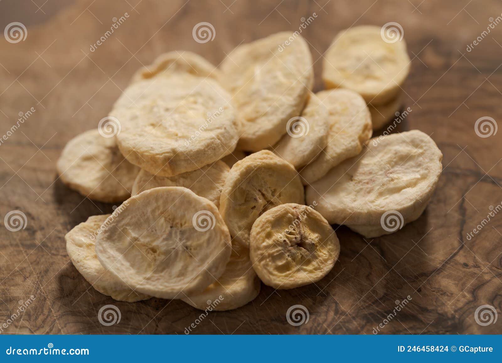 Freeze Dried Banana Chips on Olive Board Stock Photo Image of dried
