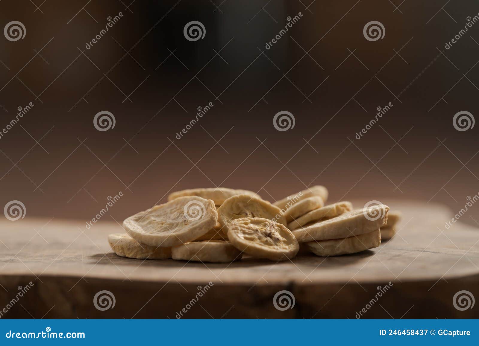 Freeze Dried Banana Chips on Olive Board Stock Image Image of natural