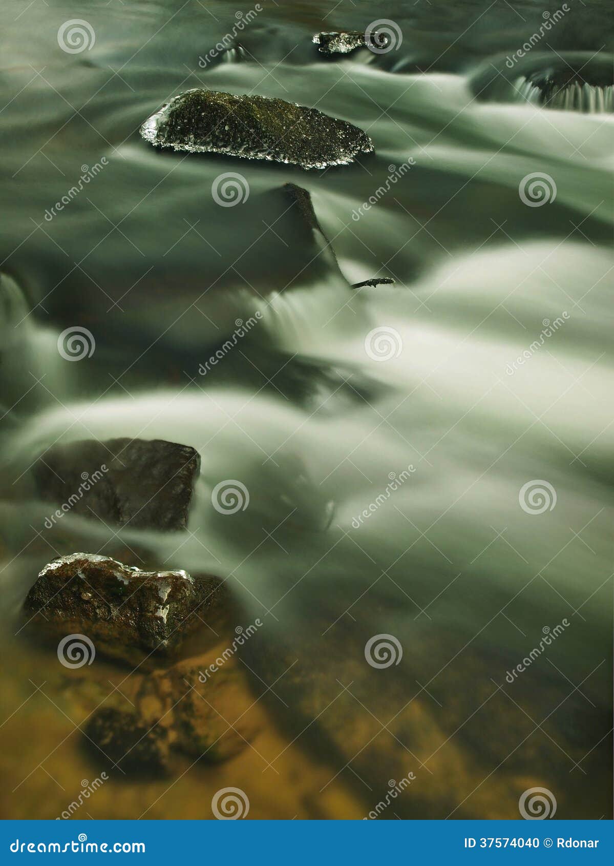 Freeze Mossy Sandstone Boulder In Dark Cold Water Stock Photo Image