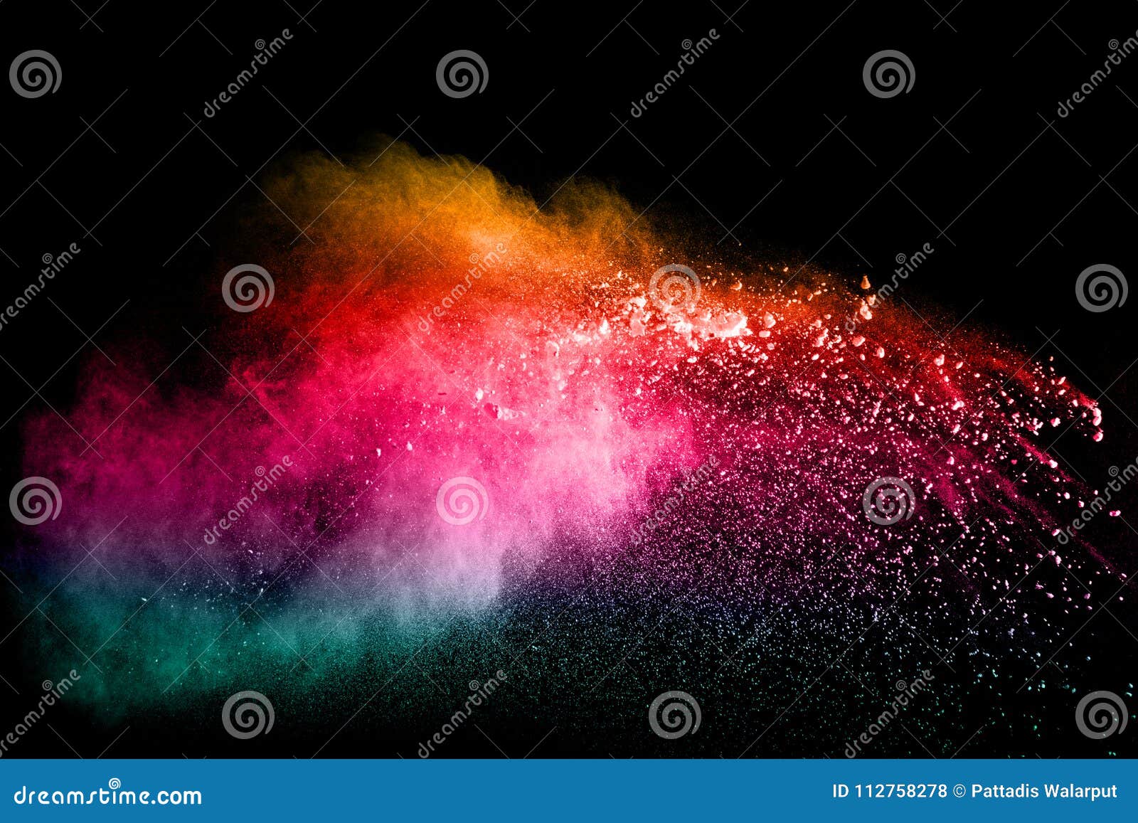 freeze motion of color particles on white background. multicolored granule of powder explosion.