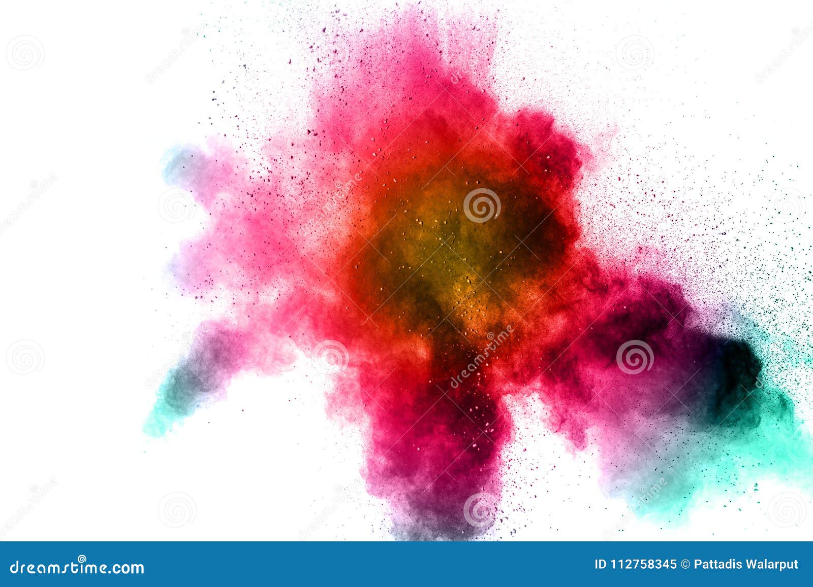 freeze motion of color particles on white background. multicolored granule of powder explosion