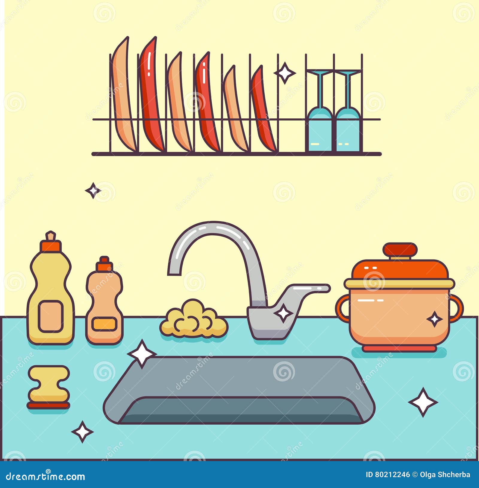 Fregadero De Cocina Con Los Platos Y Accesorios Limpios, Orden Y Comodidad  Ilustración del Vector - Ilustración de kitchenware, comedor: 152133497