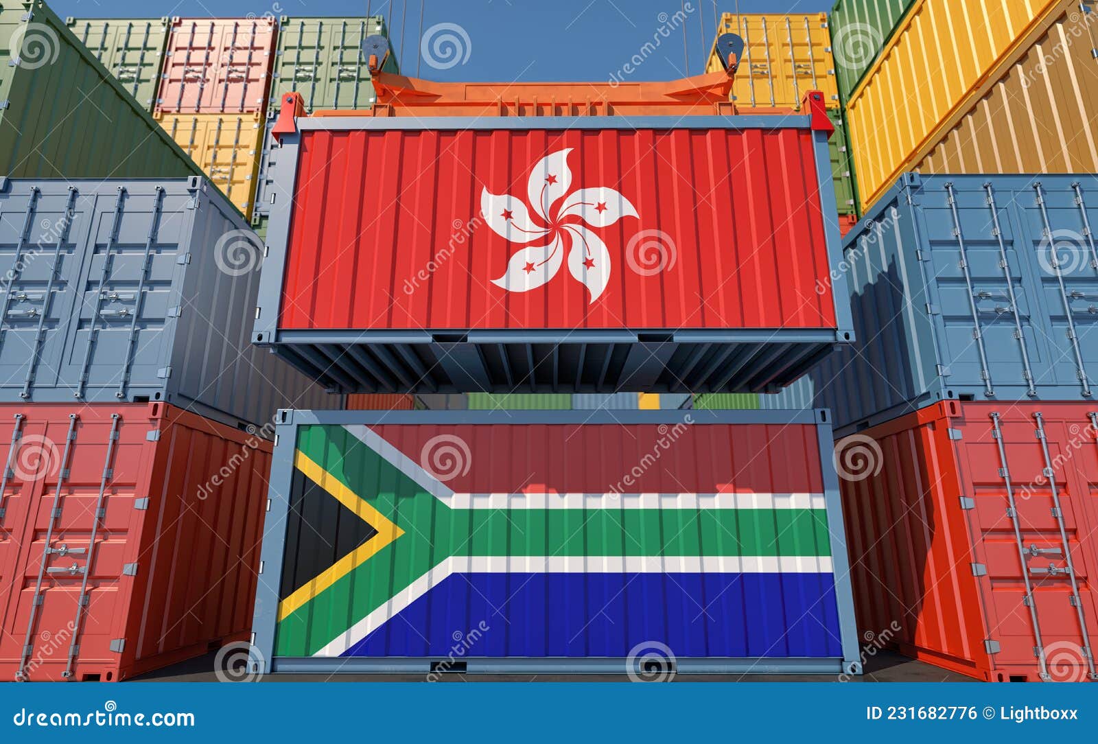 Freight Containers with Hong Kong and South Africa Flags. Stock
