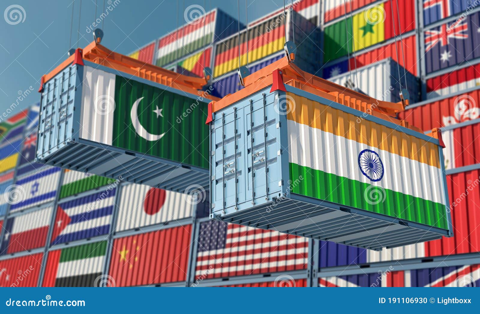 Freight Containers with Pakistan and India Flag. Stock Illustration