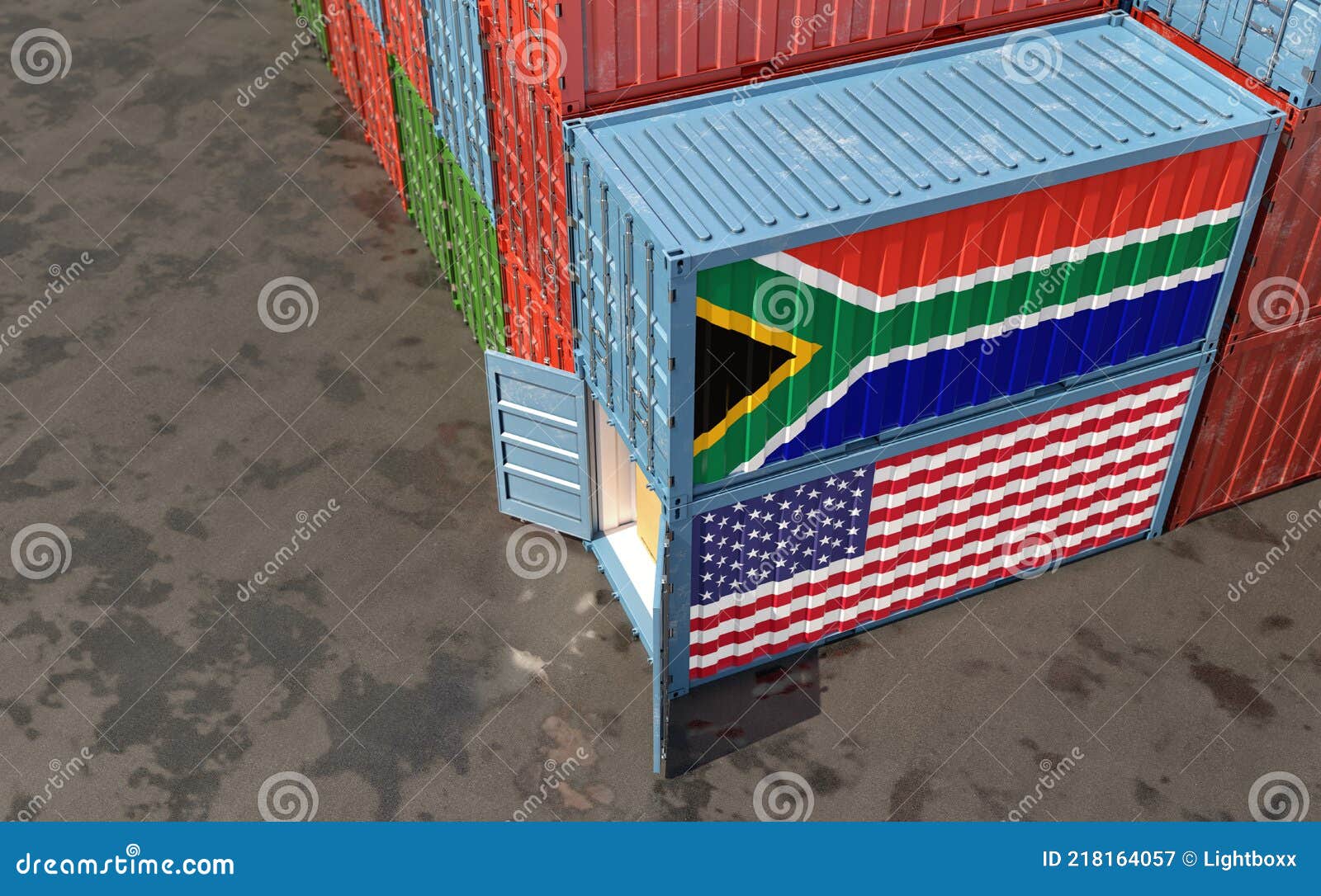 Freight Containers with USA and South Africa National Flags. Stock