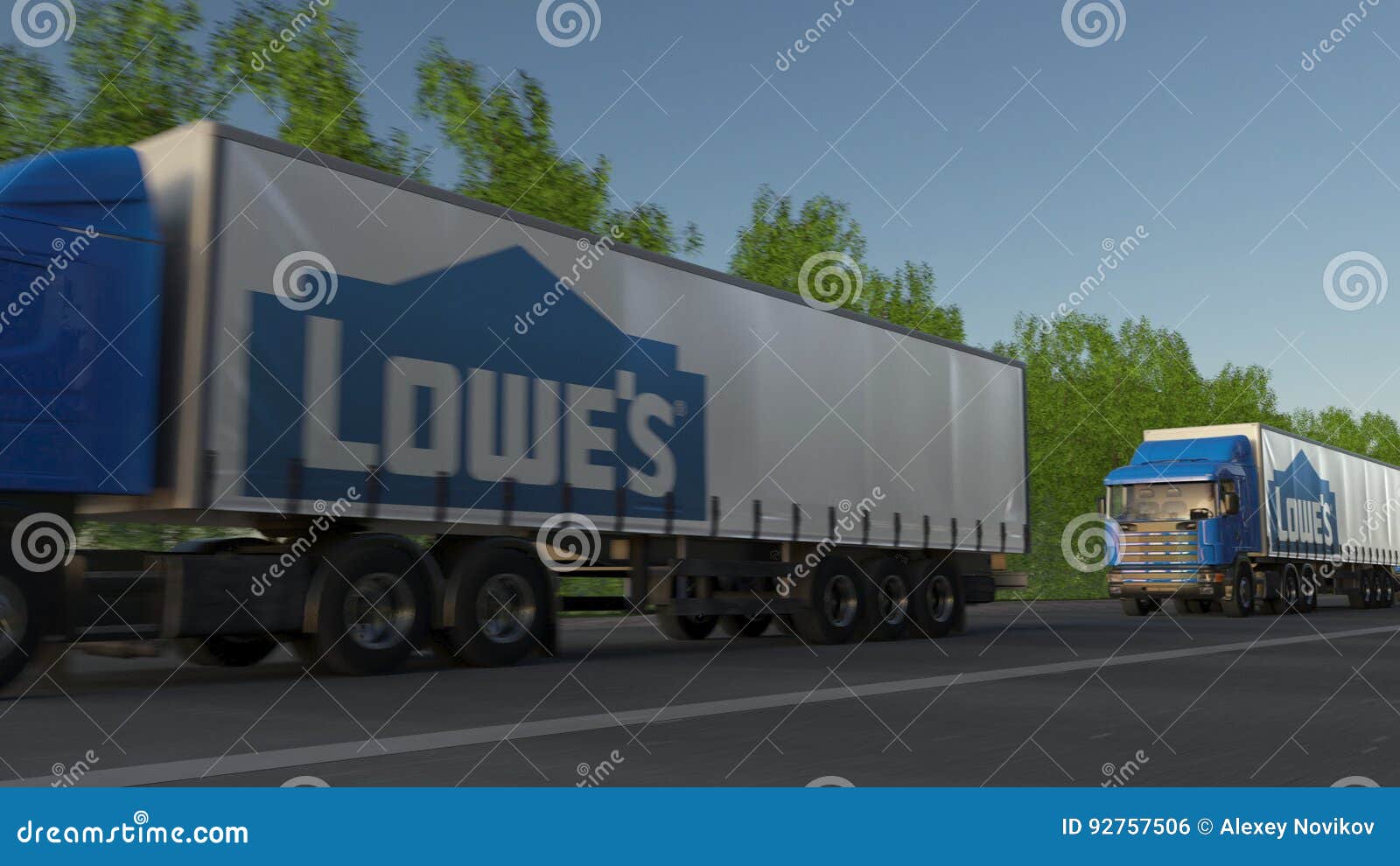 Freight Semi Trucks with Lowe`s Logo Driving Along Forest Road