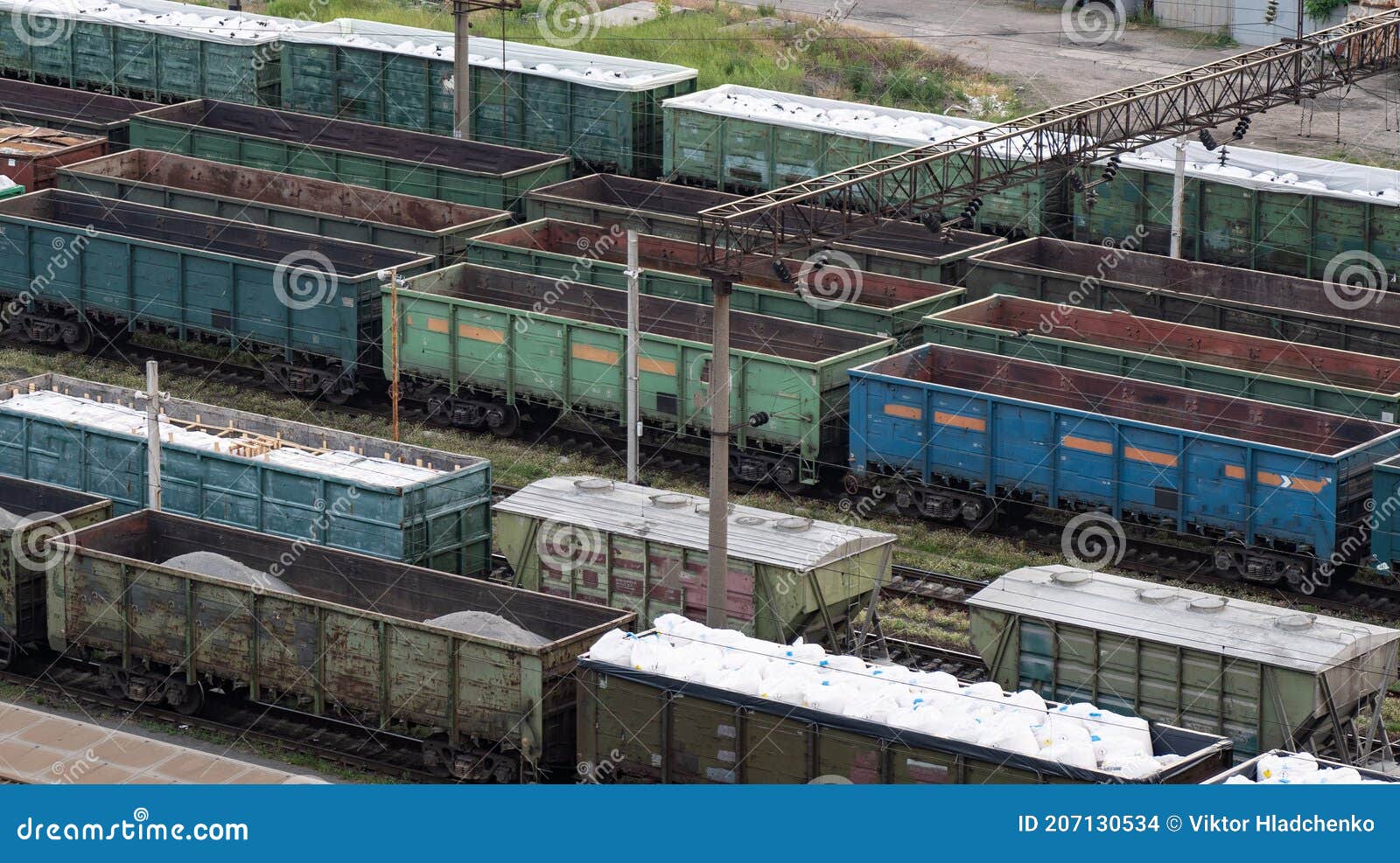 Freight Station with Many Trains and Wagons Cargo Transportation