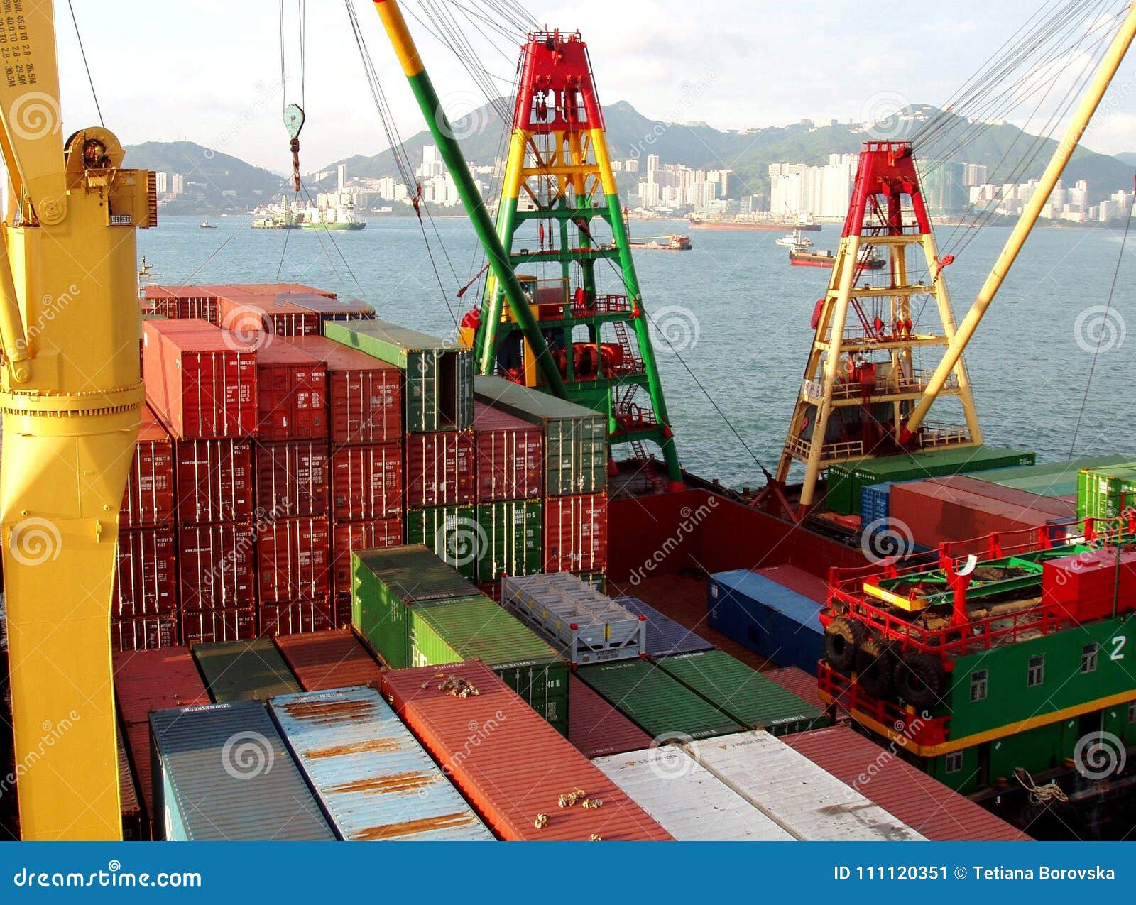 Freight Vessel Loading Unloading in Port Terminal. Container Ship with ...