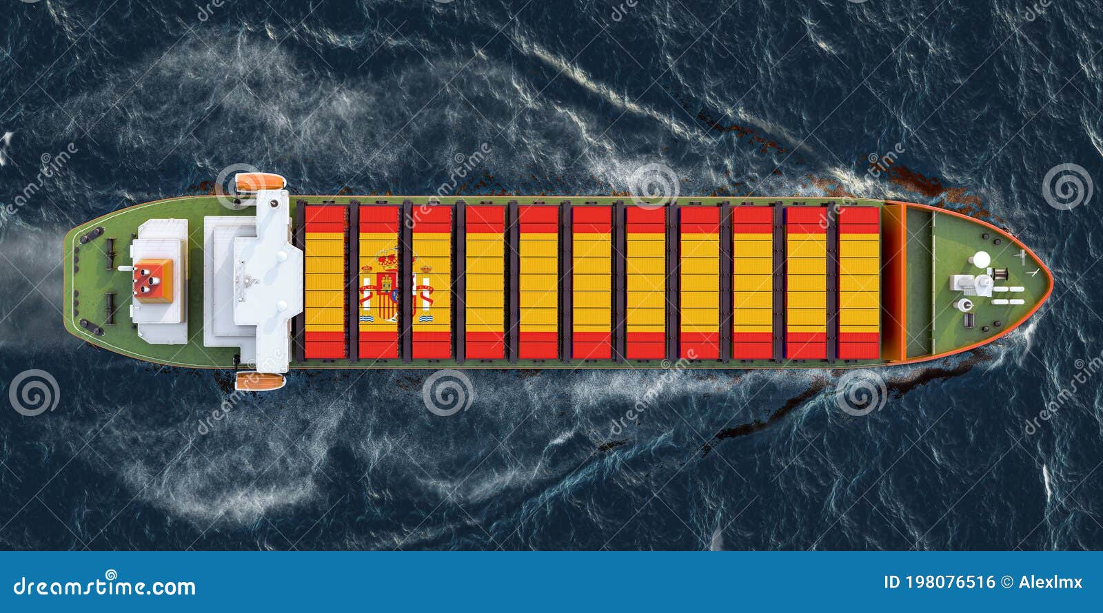 Freighter Ship with Spanish Cargo Containers Sailing in Ocean, 3D