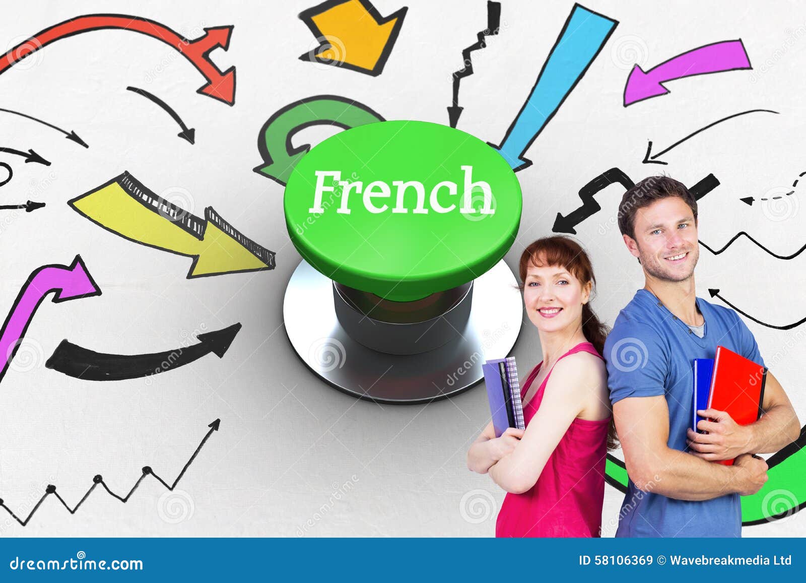 French Against Digitally Generated Green Push Button Stock Illustration
