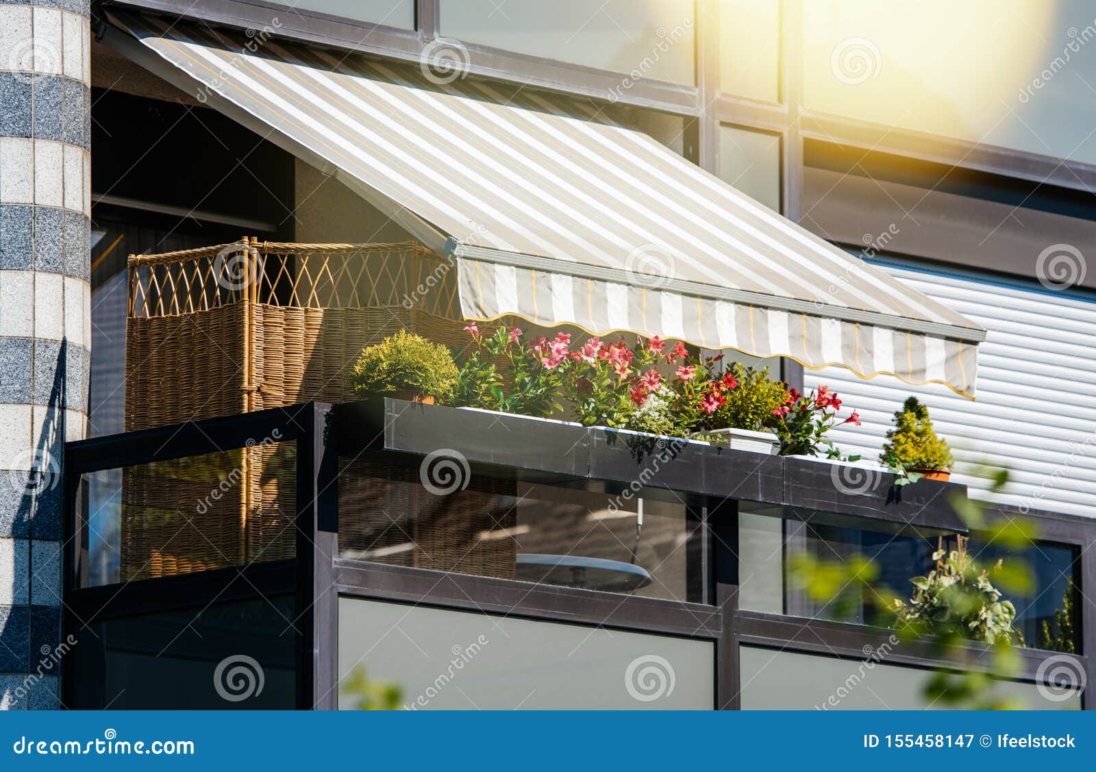 french balcony with beautiful awning and flowers