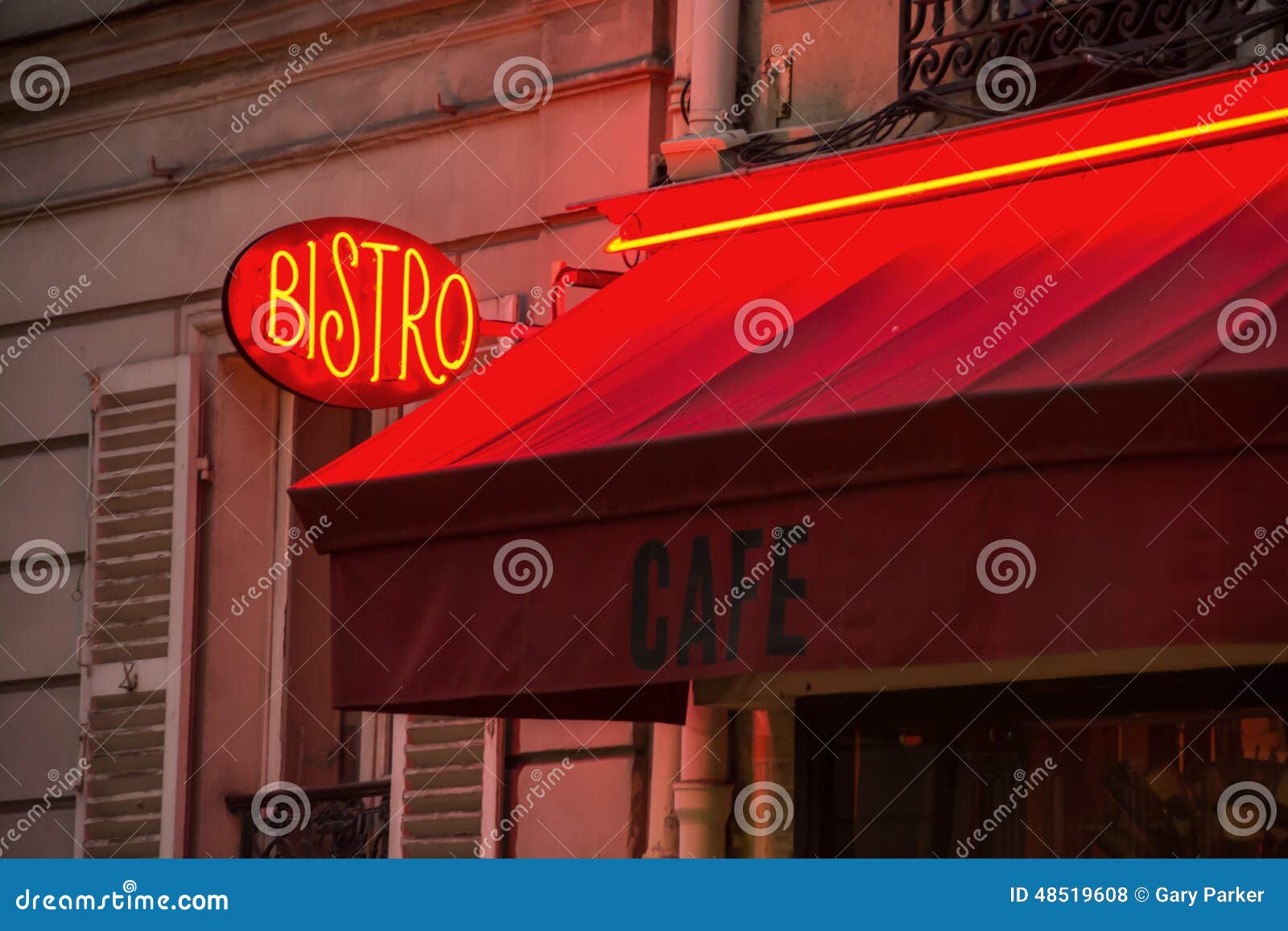 French Bistro Sign and Awning Stock Photo - Image of vintage, cafe ...