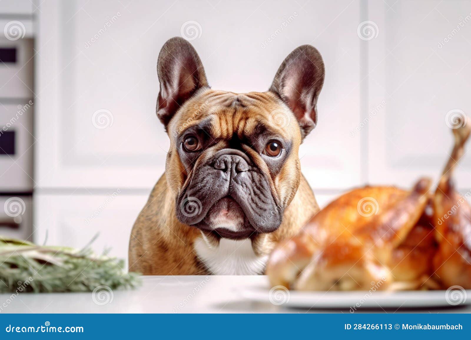 French Bulldog Dog Siiting in Front of Kitchen Table with Roasted