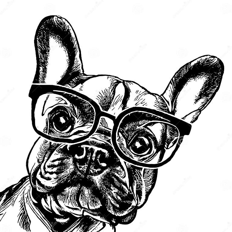 French Bulldog, Wear a Bow Tie, Dog, Wear a Glasses, Line Drawing Stock ...