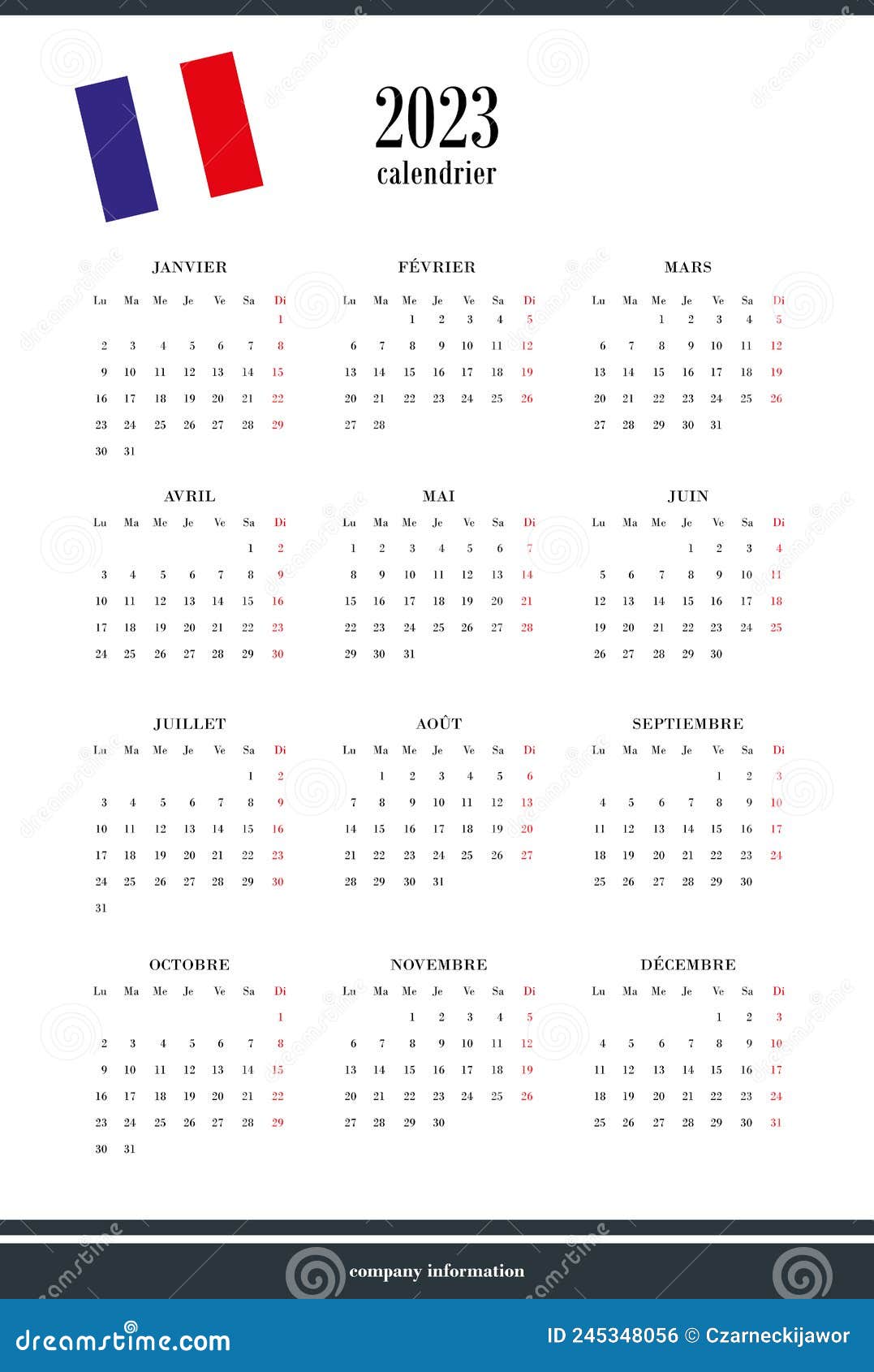french-calendar-for-2023-12-months-on-one-page-weekend-start-from-monday-stock-vector
