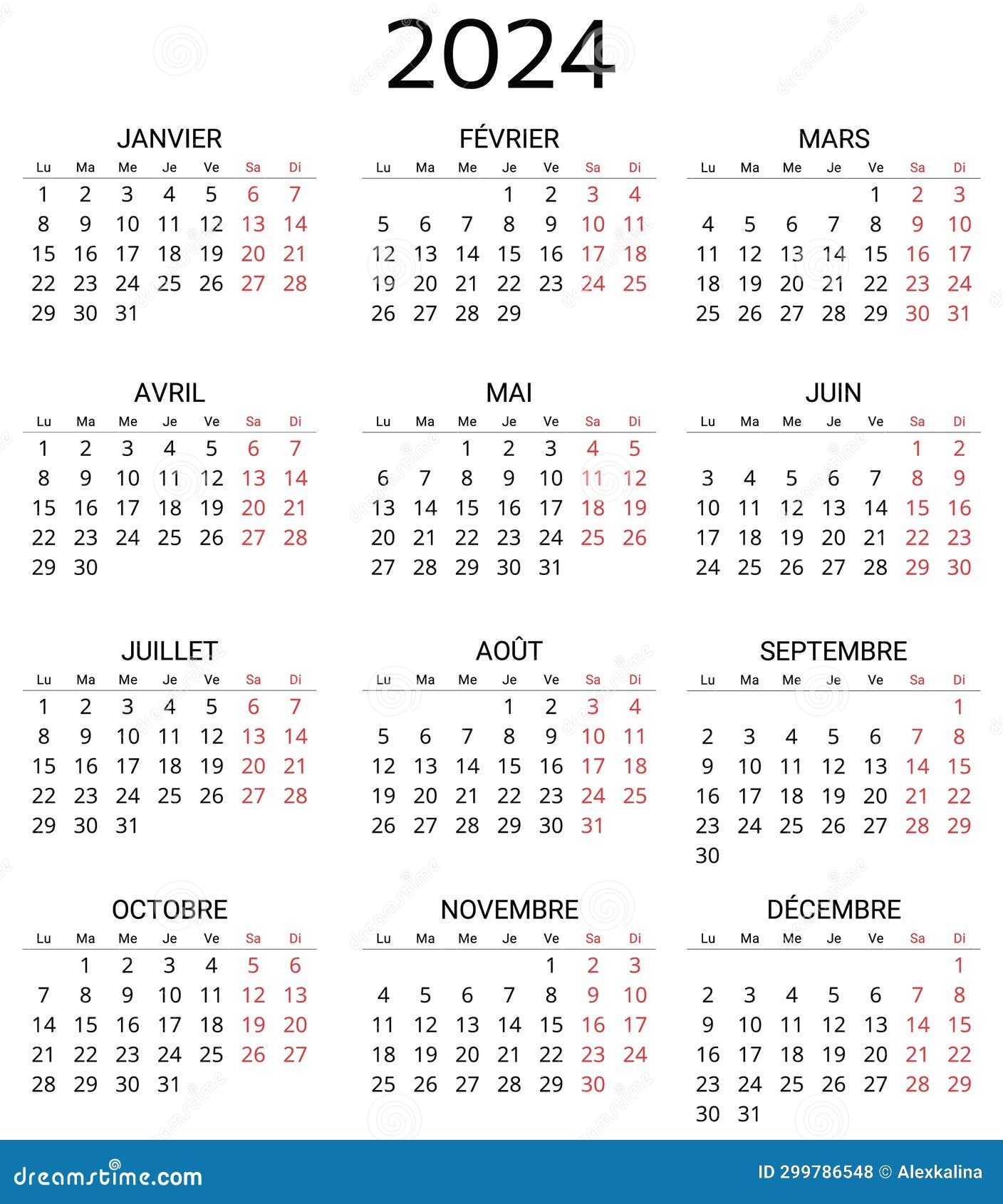 2024 french calendar. printable, editable   for france. 12 months year calendrier