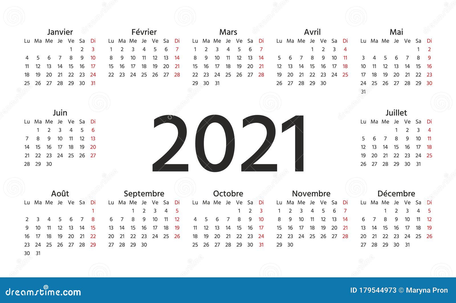 2021 French Calendar. Vector Illustration. Template Year Planner Stock