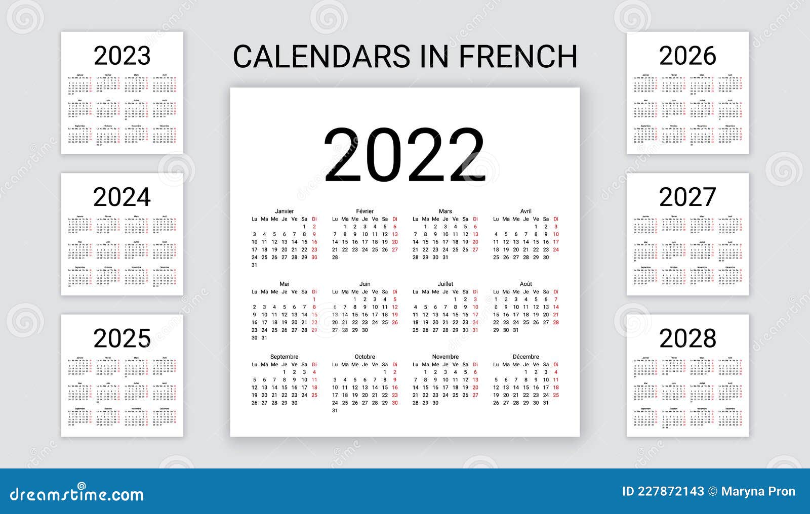 French Calendar 2022, 2023, 2024, 2025, 2026, 2027, 2028 Years. Vector