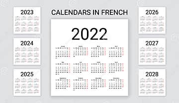 French Calendar 2022 2023 2024 2025 2026 2027 2028 Years Vector Illustration Template