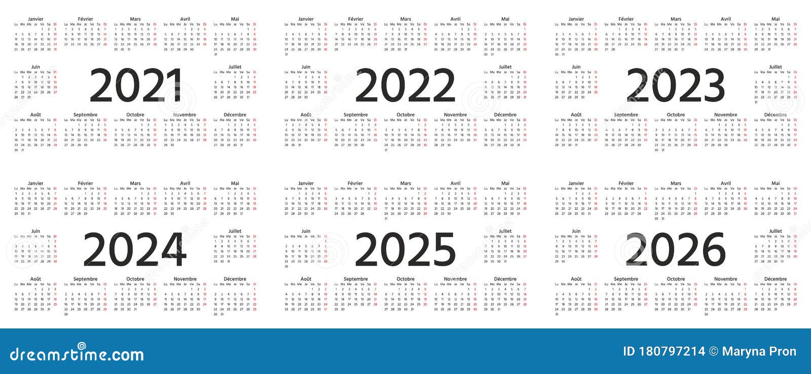 French Calendar 2021 2022 2023 2024 2025 2026 Years Vector