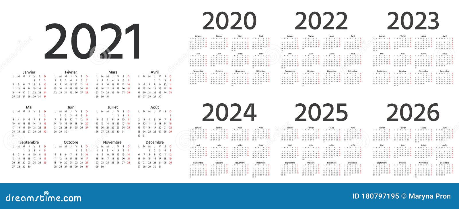 French Calendar 2021 2022 2023 2024 2025 2026 2020 Years Vector