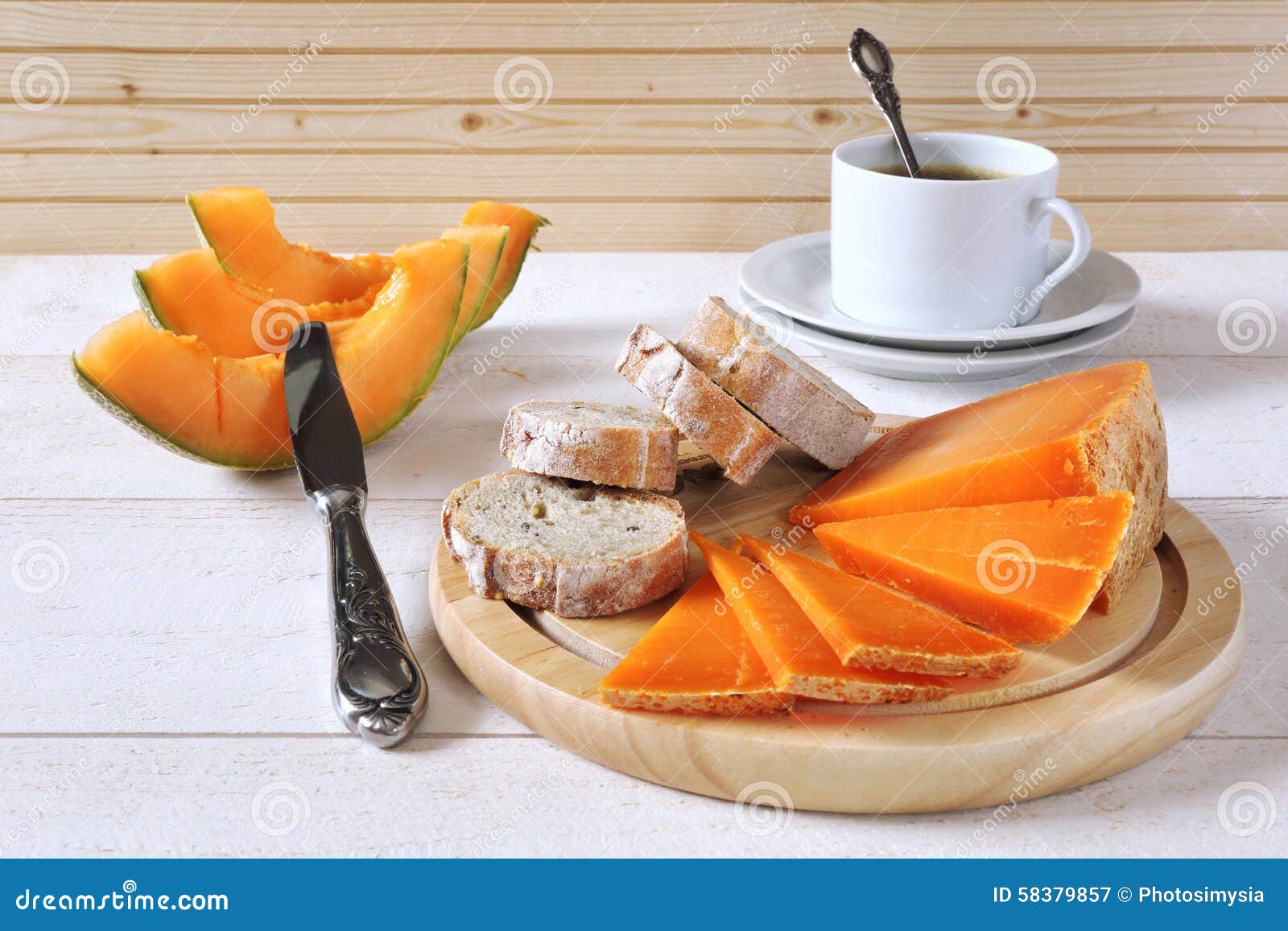 French Cheese, Bread, Melon and Cup of Coffee Stock Image Image of
