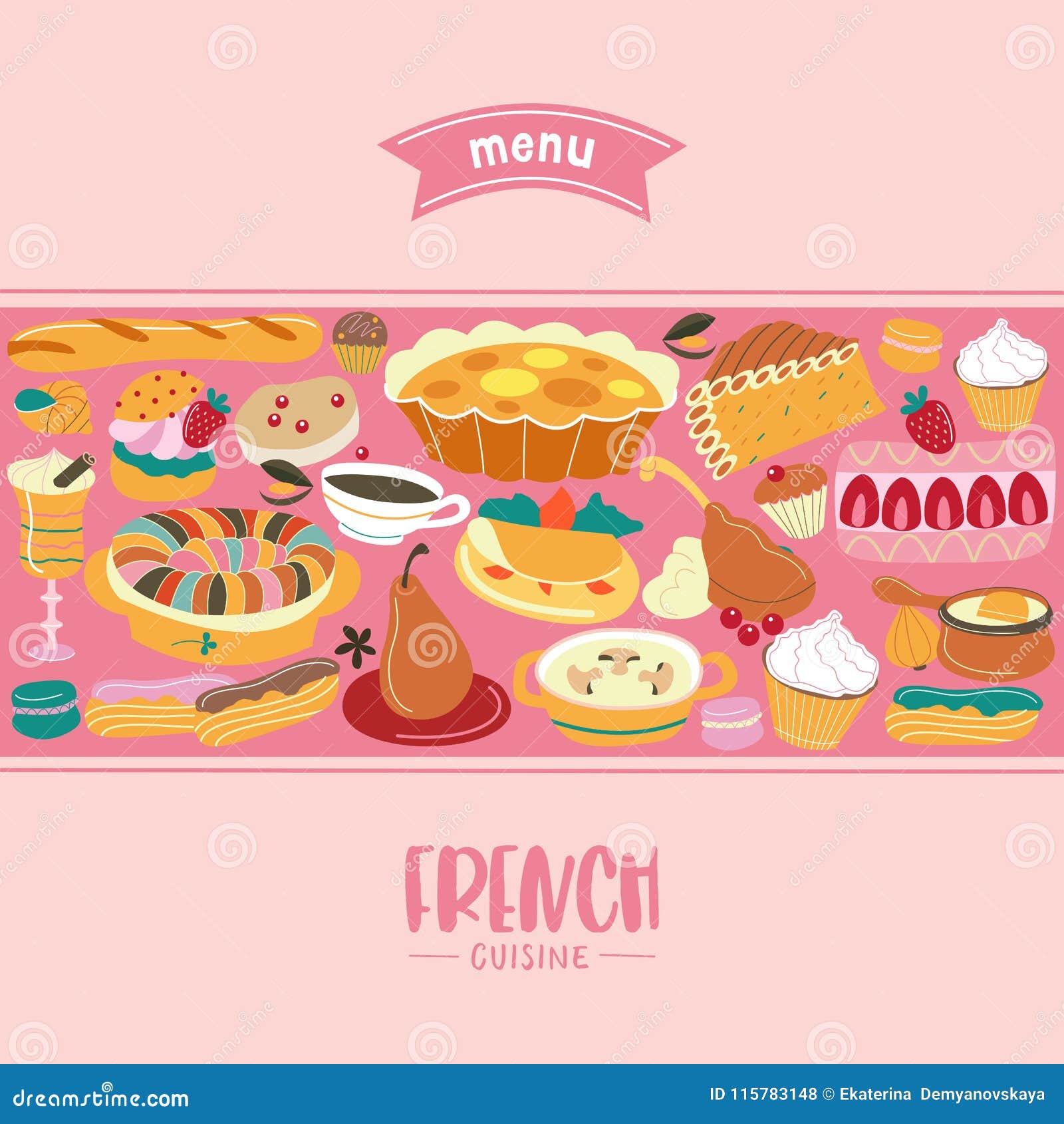 French Cuisine. Menu. a Set of French Dishes and Pastries. Stock Vector