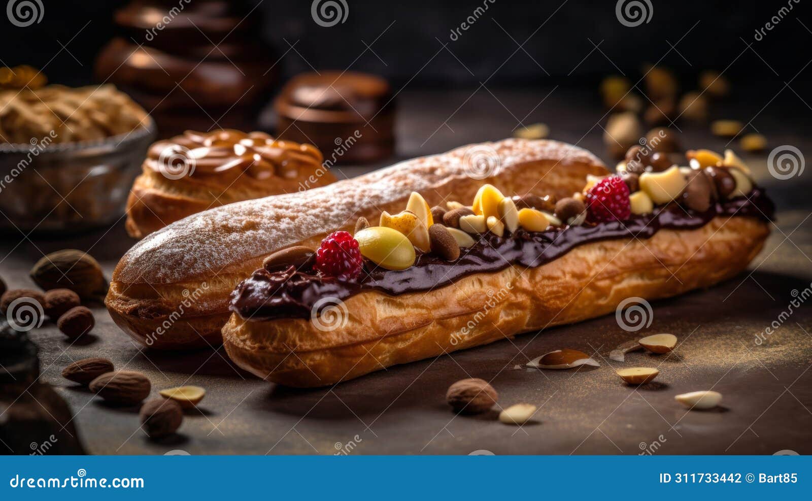 french elegance in pastry form mouthwatering Ãâ°clairs gourmet food photography. generative ai