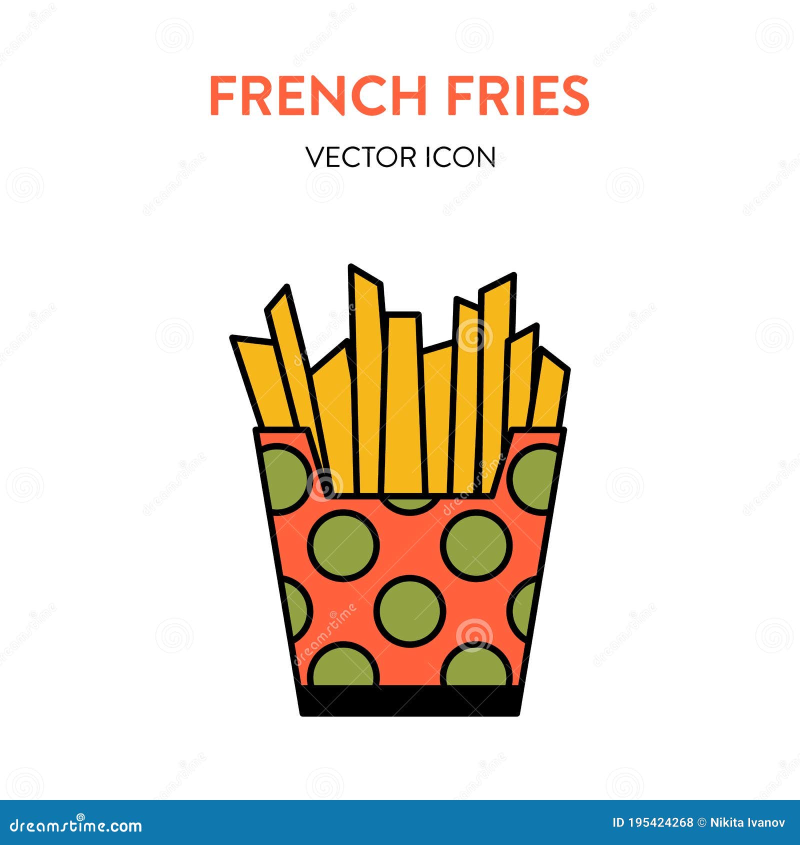 French Fries Potatoes Vector. Fast Food Icons Potato. Full Paper