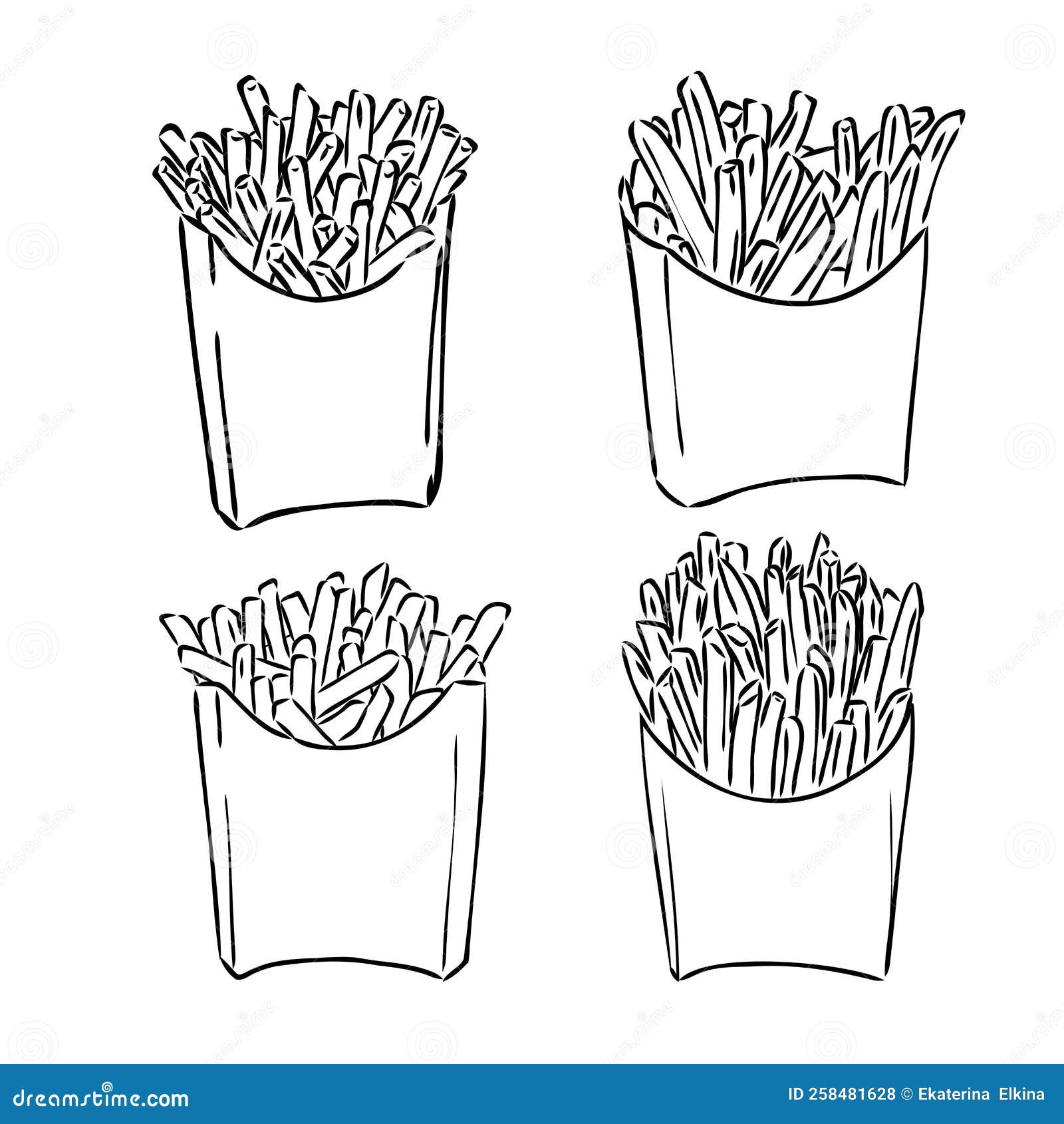 french fries flying to paper box. sketch style hand drawn . fried potato. fast food retro artwork. 