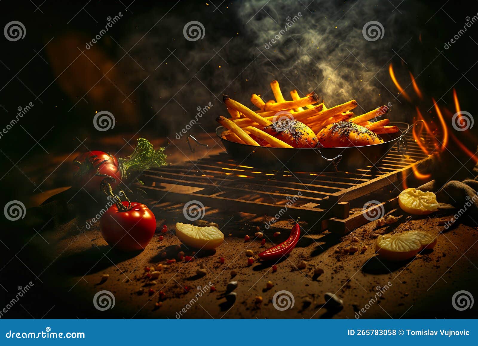 French Fries on a Grill with Smoke and Fire in the Background Stock