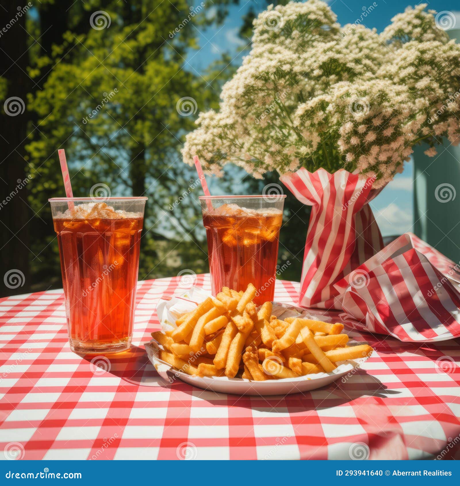French Fries and Iced Tea on a Picnic Table Stock Illustration