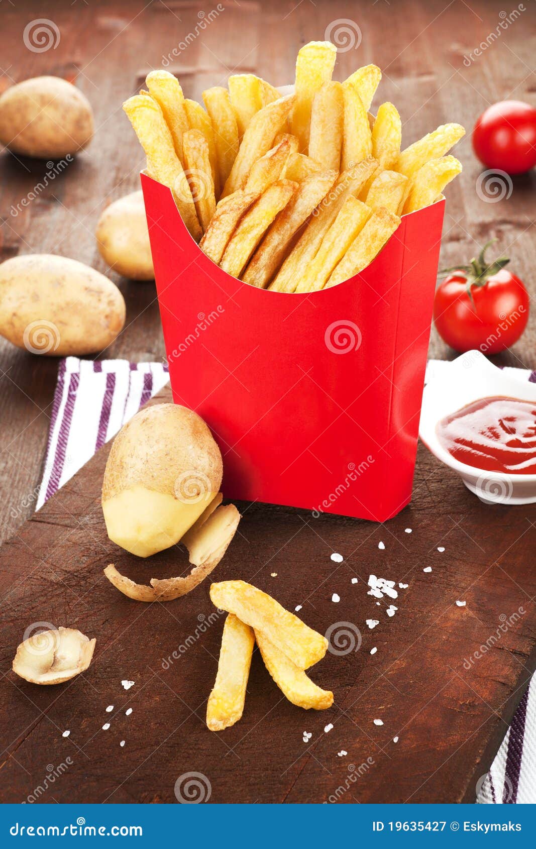 Perfect French Fries Potatoes In Red And Yellow Paper Bag Packaging Pocket  Stock Photo - Download Image Now - iStock