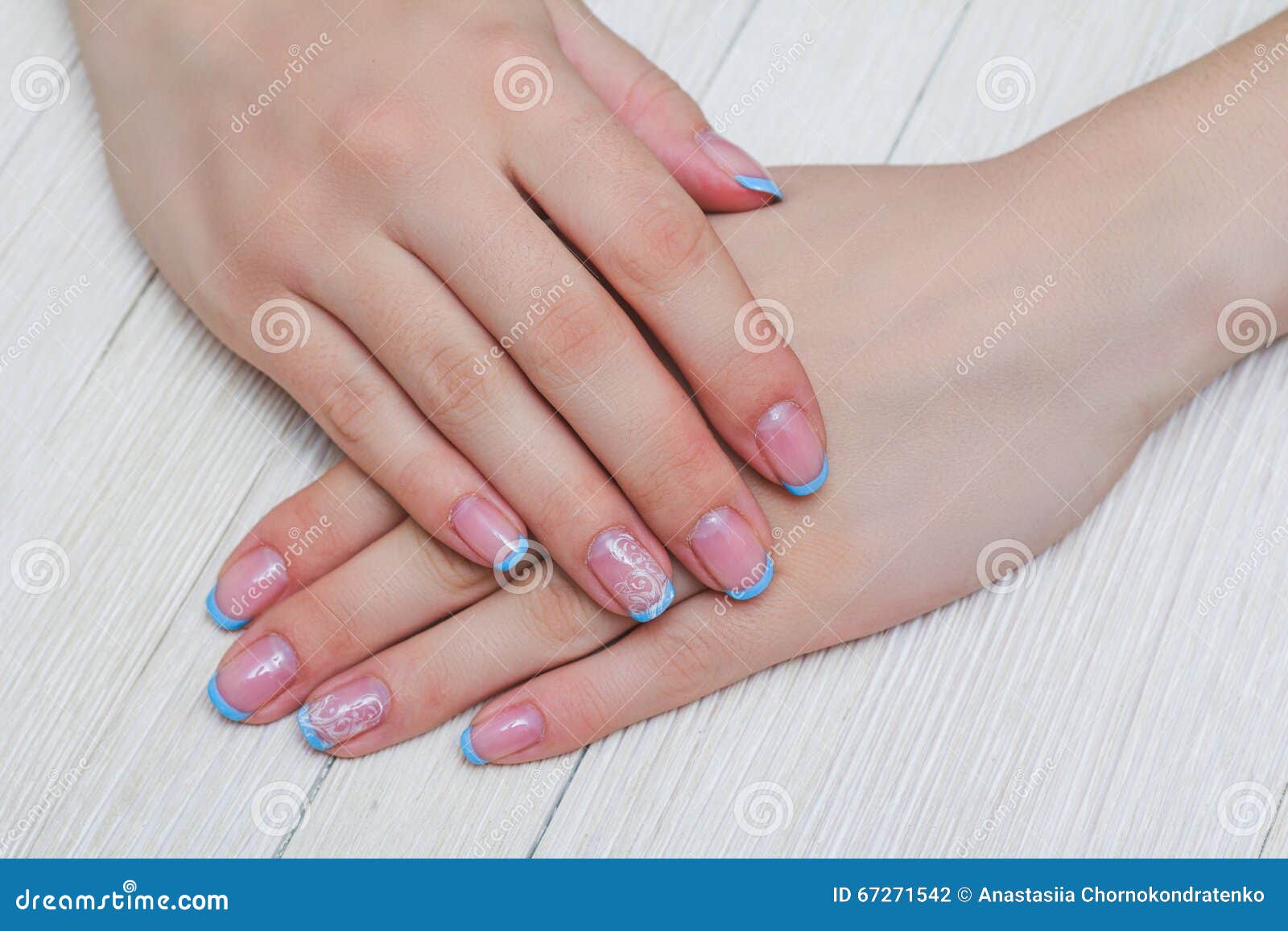 French Nail Art in Light Blue Color Stock Photo - Image of design ...