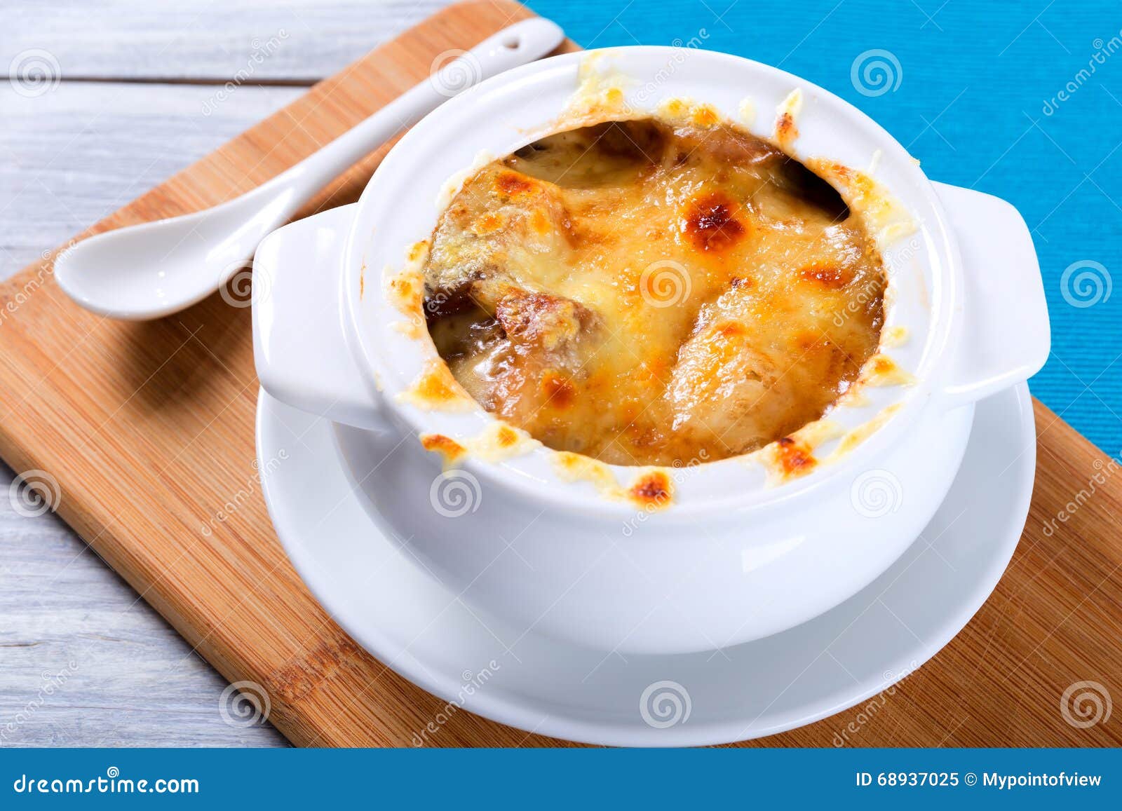 French Onion Gratin Soup in a White Pot, Closeup Stock Image Image